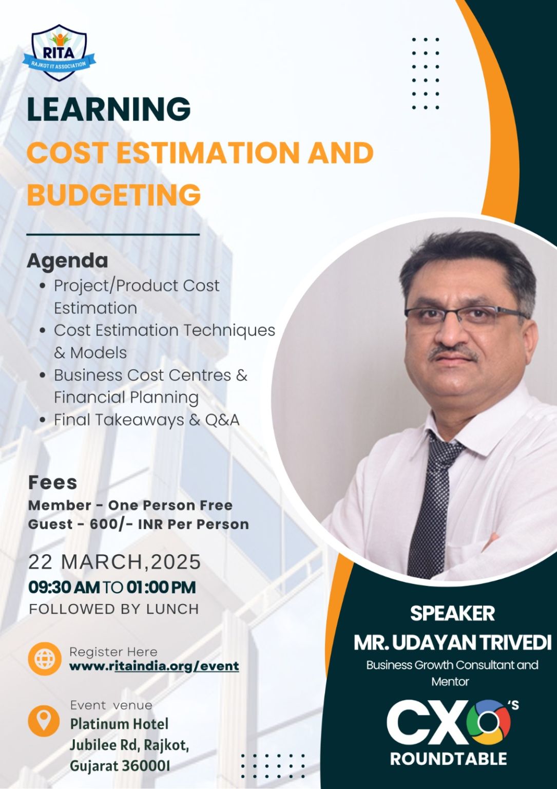 Poster for a cost estimation and budgeting session by Rajkot IT Association with speaker Udayan Trivedi.