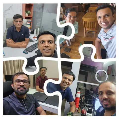 Puzzle-shaped collage of four photos showing the same smiling man posing with different people in offices and cafés.