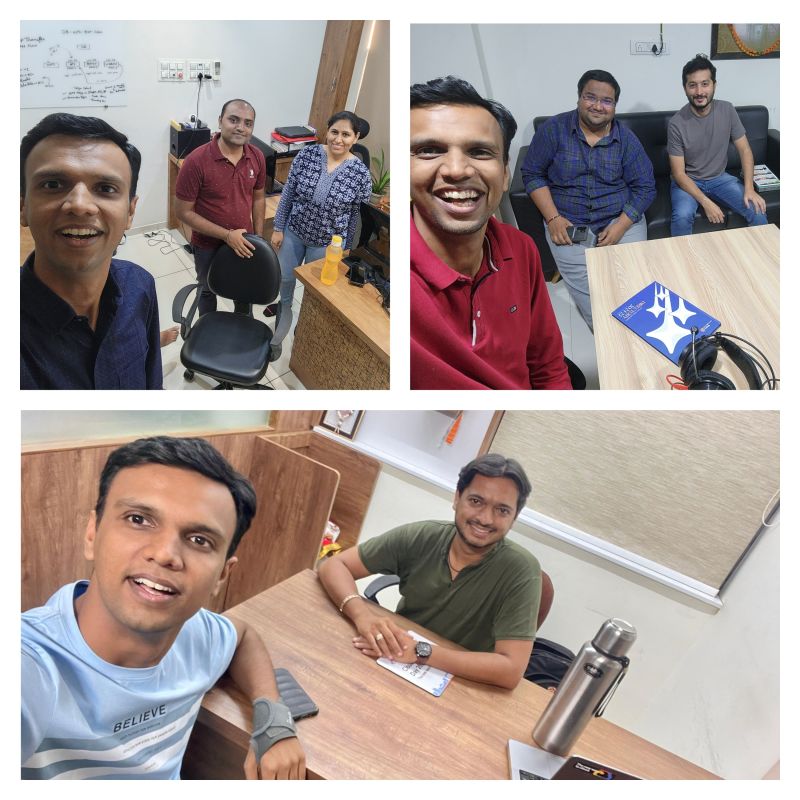 Collage of three selfies showing a smiling man with different people in offices, including a woman and men on a sofa.