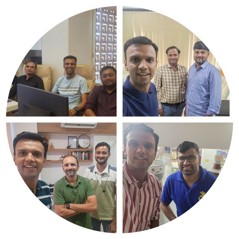 Round collage of four photos showing the same smiling man with different groups of men in offices and a shop.