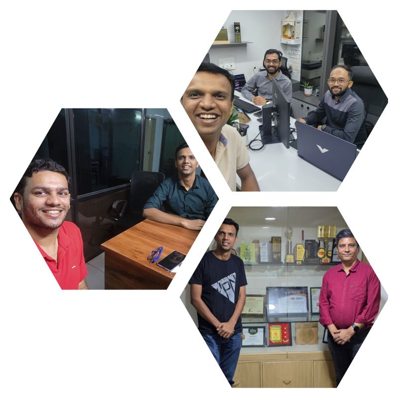 Hexagonal collage of three photos showing a smiling man with different men, one pair beside a cabinet of awards.