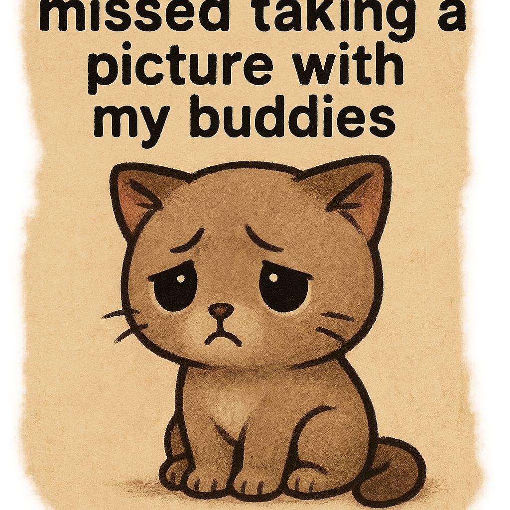 Illustration of a sad teary-eyed kitten beneath text about missing a picture with buddies.