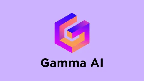 Gamma AI logo with a gradient hexagon emblem on a lavender background
