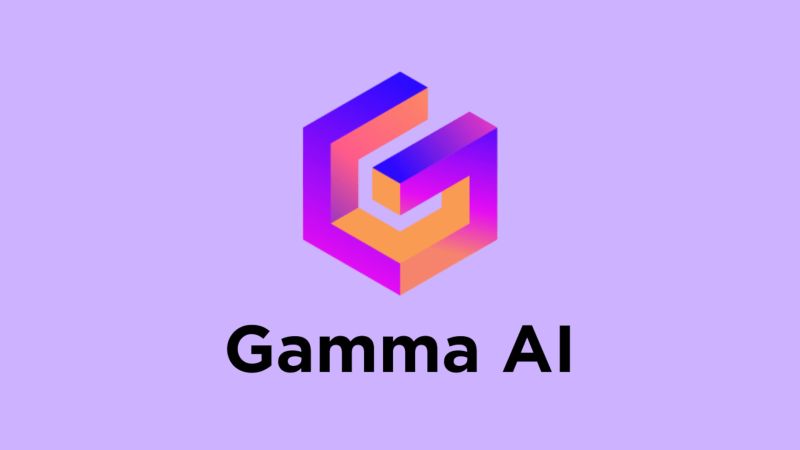 Gamma AI logo with a gradient hexagon emblem on a lavender background