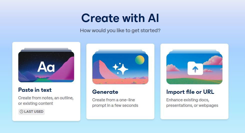 Gamma's Create with AI screen offering paste in text, generate, and import file or URL options