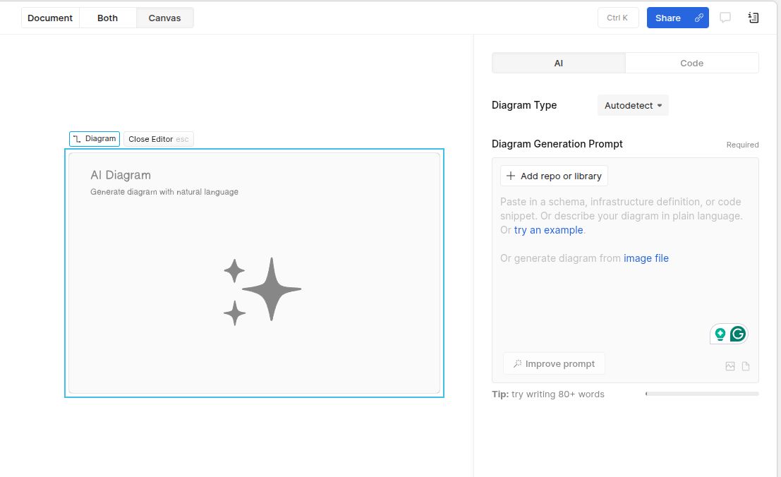 Eraser's AI diagram editor with an empty canvas and a prompt panel for generating diagrams from text