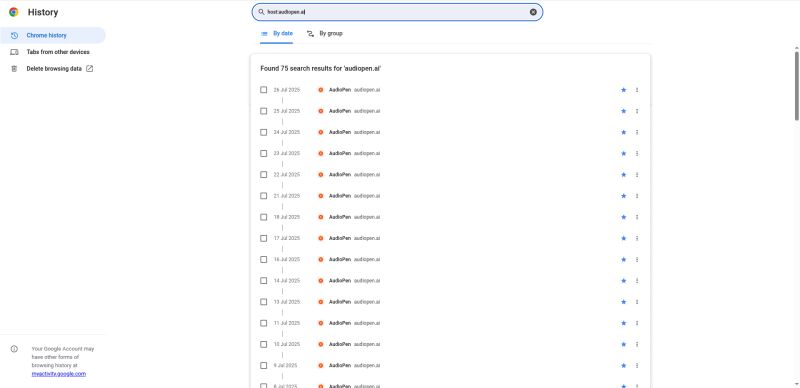 Chrome browser history filtered for audiopen.ai, showing 75 results of frequent visits across July 2025.