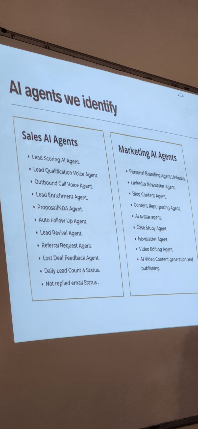 Slide listing sales and marketing AI agents including lead scoring, outbound calls and content repurposing.