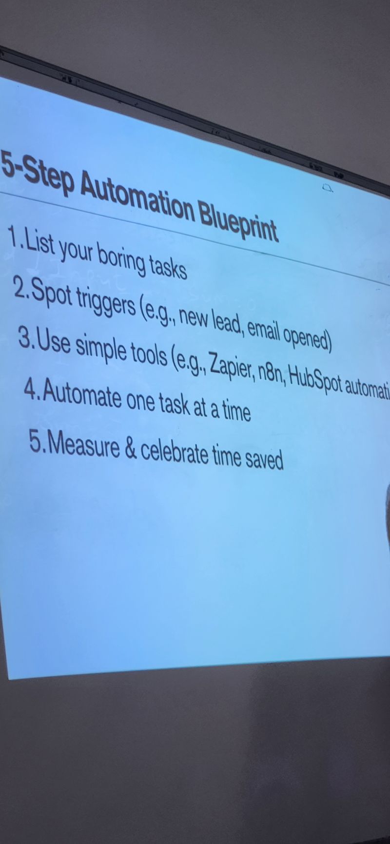 Slide outlining a five-step automation blueprint, from listing boring tasks to measuring time saved.