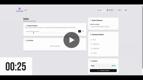 TabsyPOS sales screen with a product assistant chat box, empty cart, payment options and a 25-second timer.