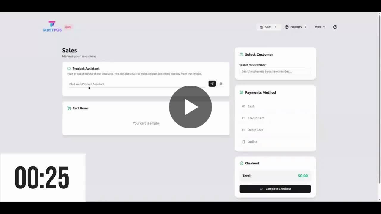 TabsyPOS sales screen with a product assistant chat box, empty cart, payment options and a 25-second timer.