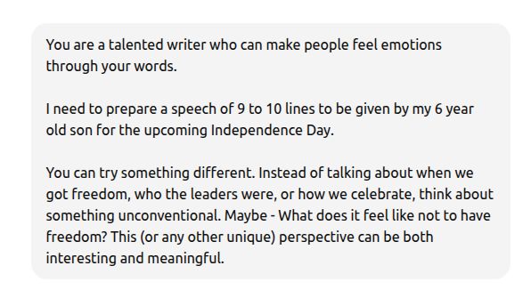 ChatGPT prompt asking for a unique nine to ten line Independence Day speech for a six year old son