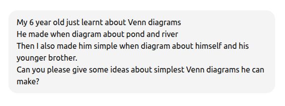 ChatGPT prompt asking for simple Venn diagram ideas for a six year old child