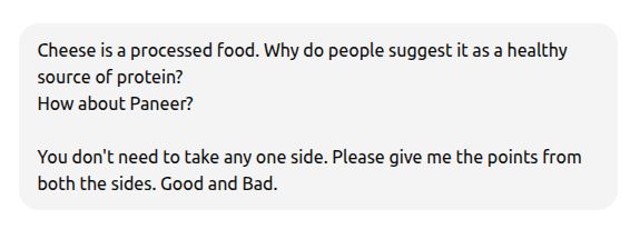 ChatGPT prompt asking for good and bad points on cheese and paneer as protein sources