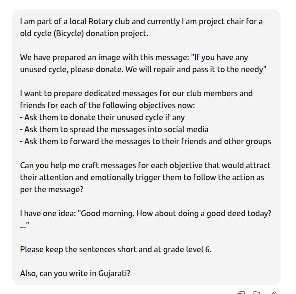 ChatGPT prompt seeking donation appeal messages for a Rotary club bicycle donation project
