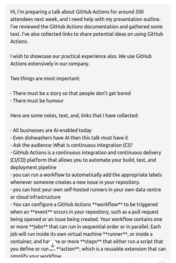 ChatGPT prompt seeking help with a GitHub Actions talk outline for about 200 attendees