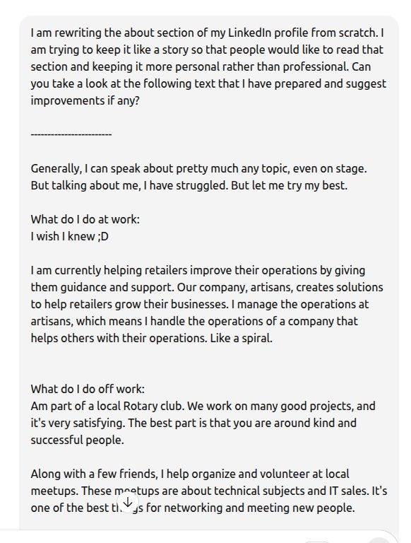 ChatGPT prompt asking for feedback on a personal LinkedIn about section draft