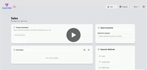 TabsyPOS sales screen with a product assistant, empty cart, customer search and payment method options.
