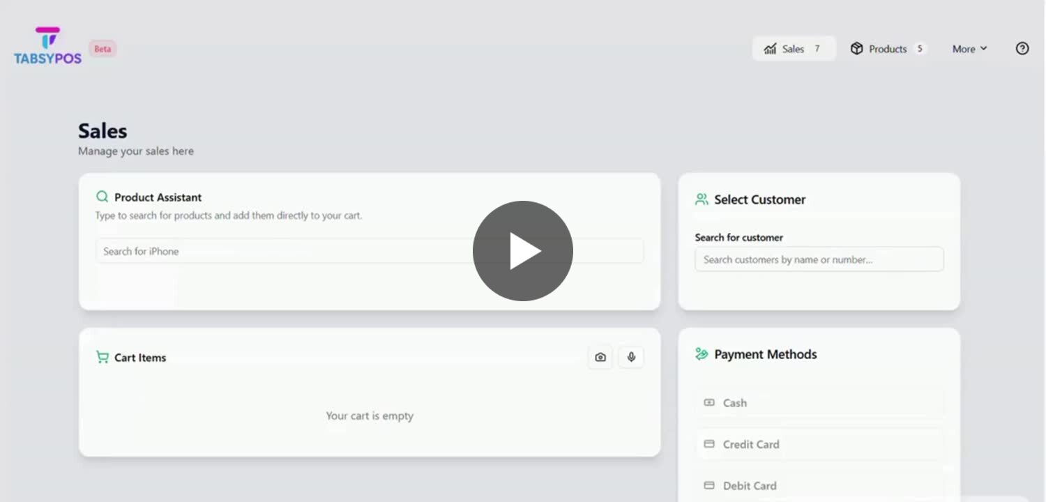 TabsyPOS sales screen with a product assistant, empty cart, customer search and payment method options.