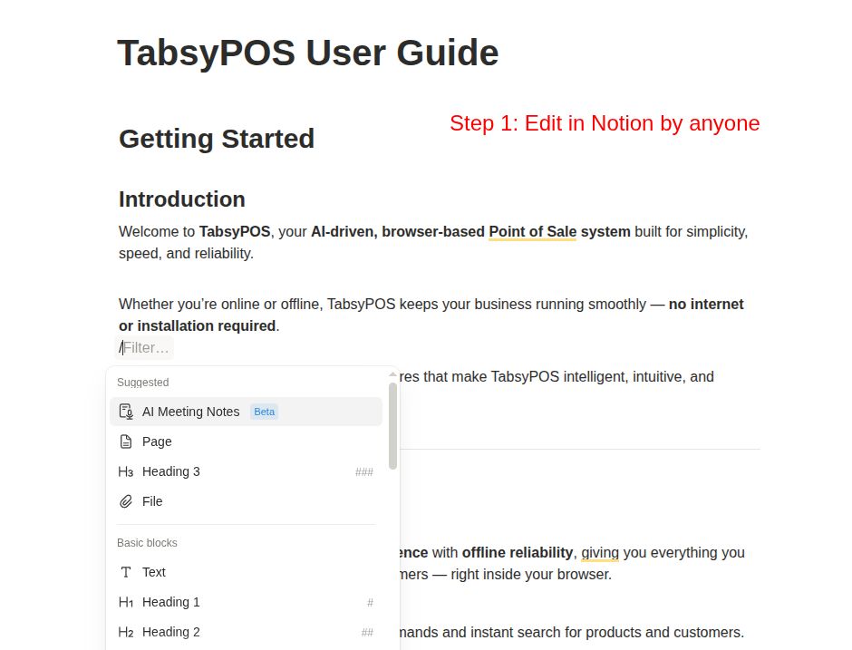 Notion page of the TabsyPOS user guide with a slash-command block menu open, annotated 'Step 1: Edit in Notion by anyone'.