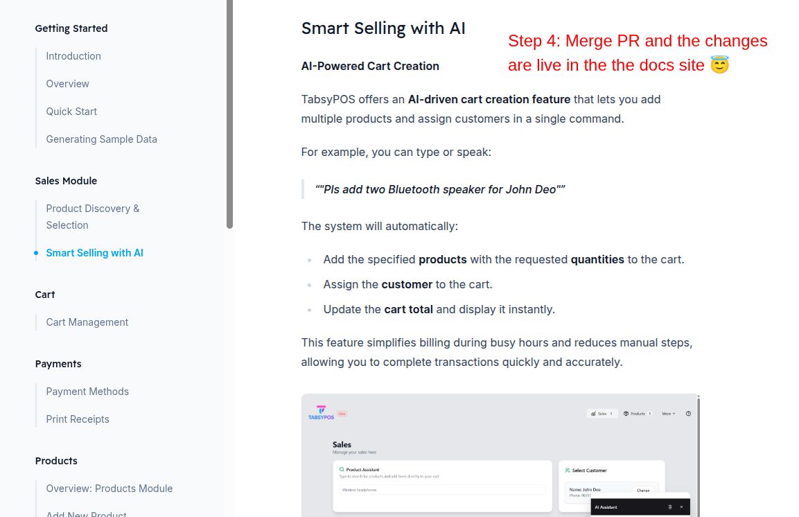 Live TabsyPOS documentation page on smart selling with AI, annotated 'Step 4: Merge PR and the changes are live'.