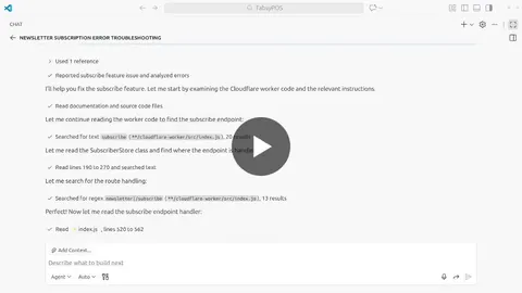 AI coding agent chat in a code editor troubleshooting a newsletter subscription error in a Cloudflare worker.