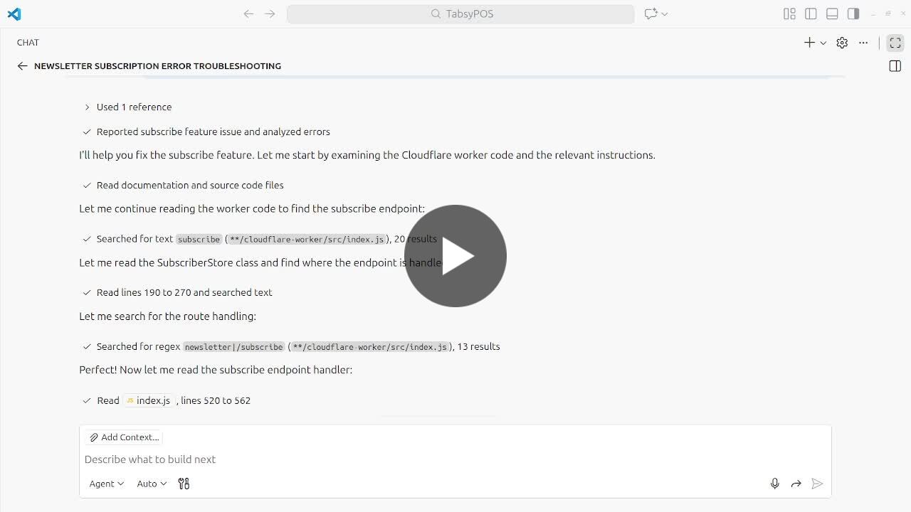 AI coding agent chat in a code editor troubleshooting a newsletter subscription error in a Cloudflare worker.