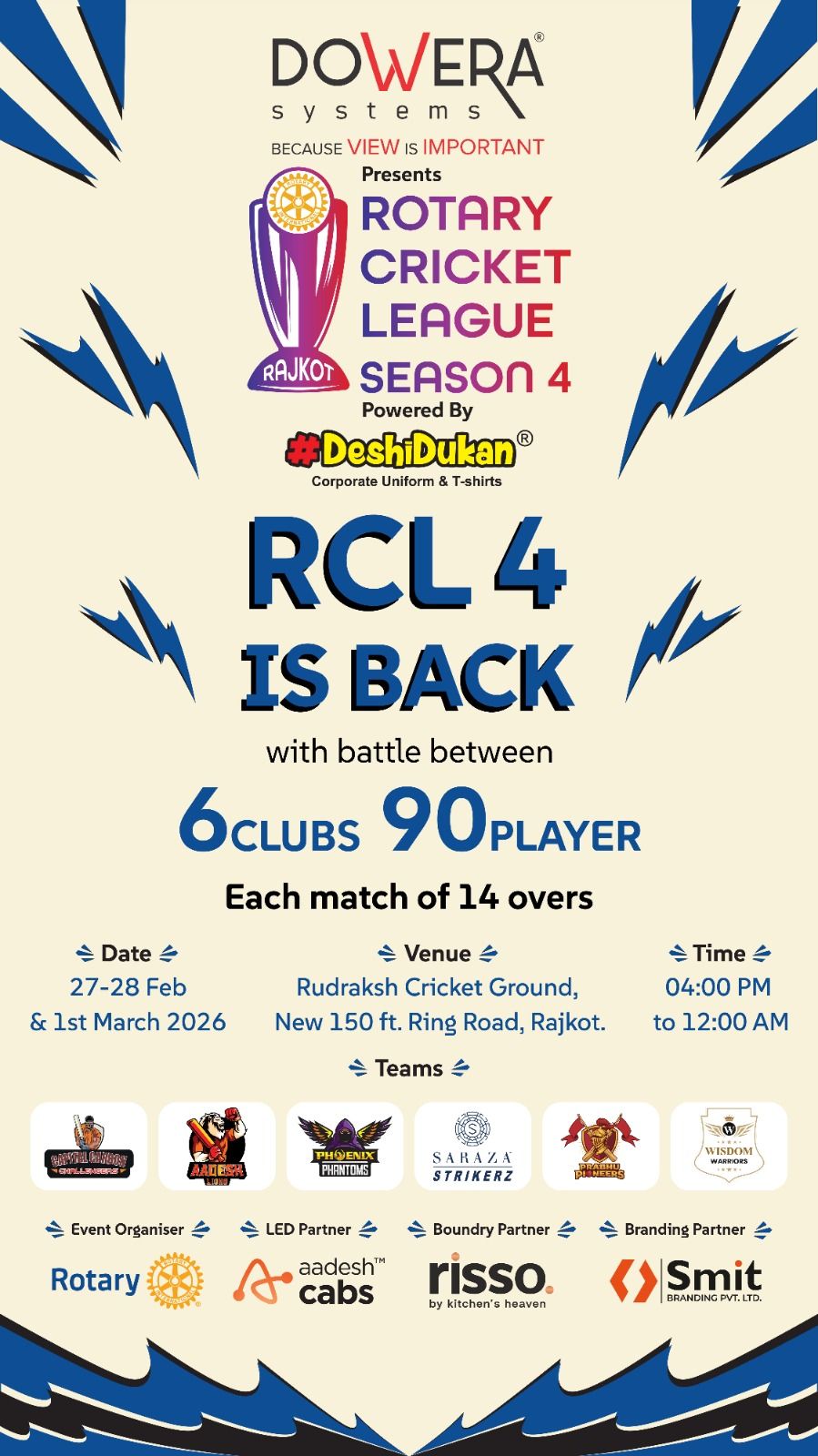 Poster for Rotary Cricket League Season 4 in Rajkot, 27-28 Feb and 1 March 2026 at Rudraksh Cricket Ground.