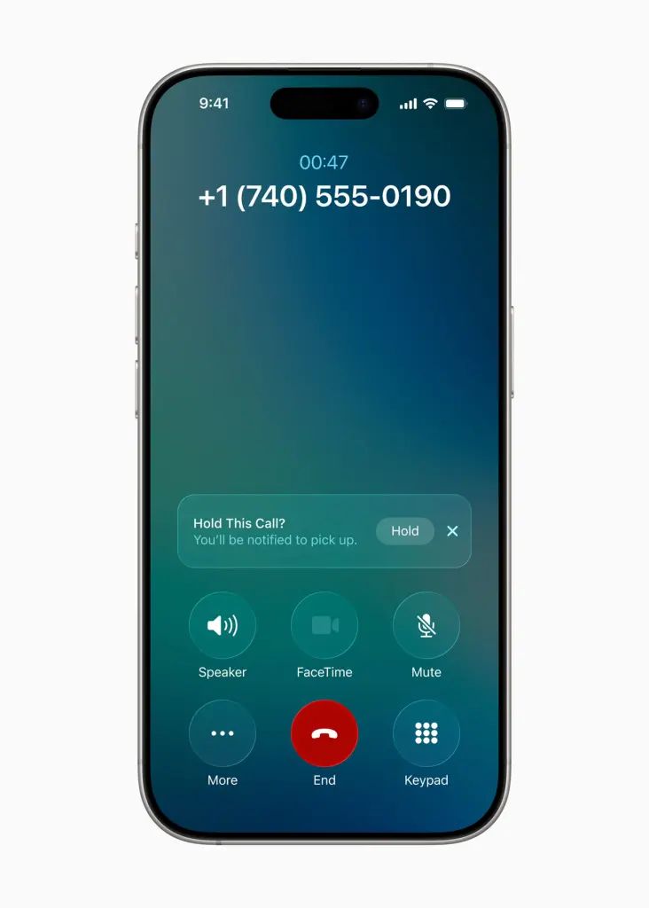 iPhone in-call screen showing a prompt to hold the call and be notified when to pick up.