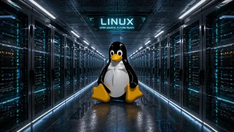 Penguin mascot sitting in a data-centre aisle between glowing server racks under a Linux sign.