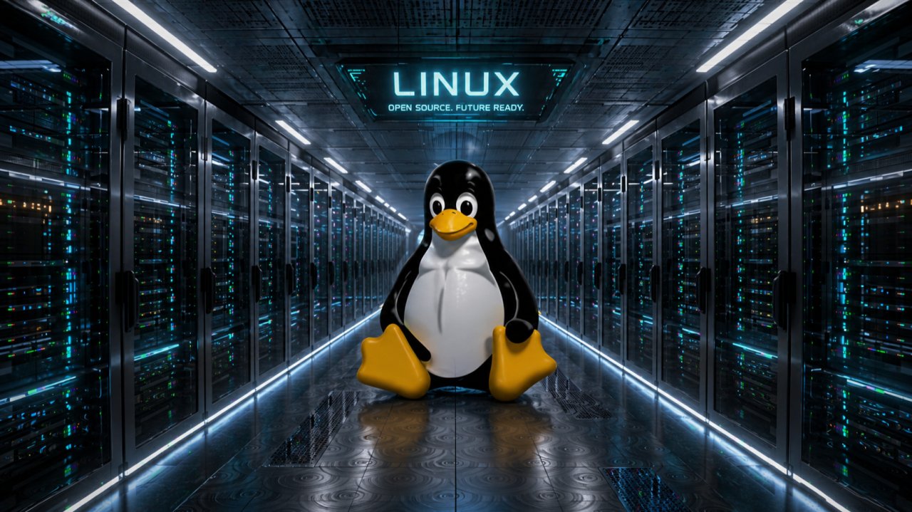 Penguin mascot sitting in a data-centre aisle between glowing server racks under a Linux sign.