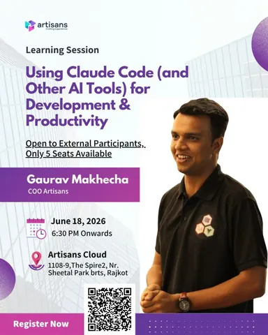 Poster for a learning session on using Claude Code and other AI tools by Gaurav Makhecha, COO of Artisans.
