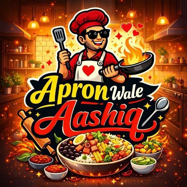 Illustrated chef in sunglasses holding a spatula and flaming pan above the words Apron Wale Aashiq.