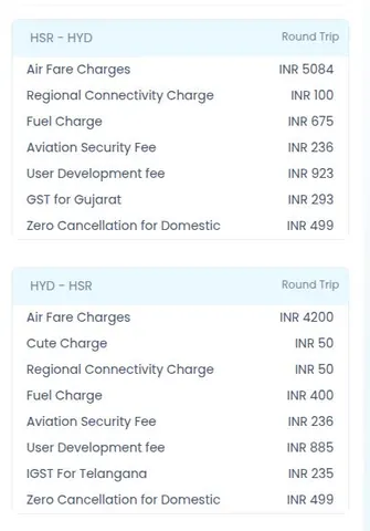 Fare breakdown listing air fare, fuel, security and GST charges for HSR–HYD and HYD–HSR flights, each in rupees.