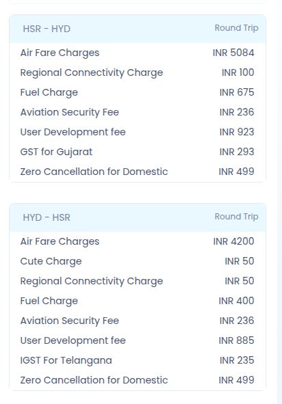 Fare breakdown listing air fare, fuel, security and GST charges for HSR–HYD and HYD–HSR flights, each in rupees.