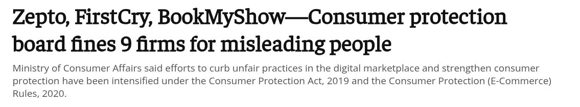Headline: consumer protection board fines nine firms including Zepto, FirstCry and BookMyShow for misleading people.