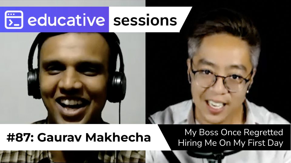 Gaurav, headphones on, laughing on the Educative Sessions episode card